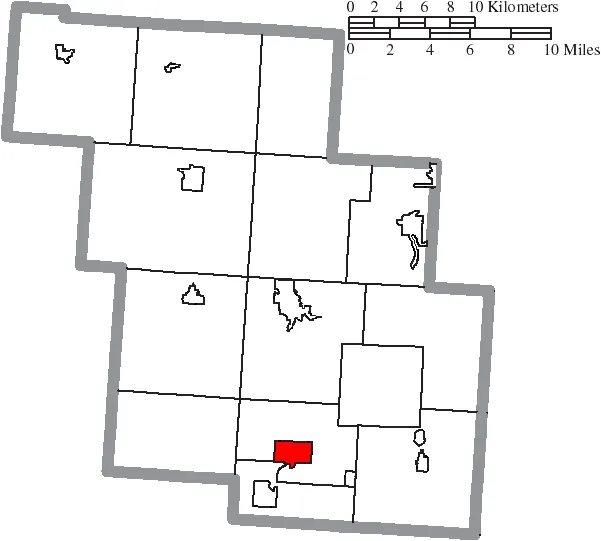 Map of the municipal and township boundaries of Perry County, Ohio, United States, as of the 2000 census, with the location of the village of Shawnee highlighte