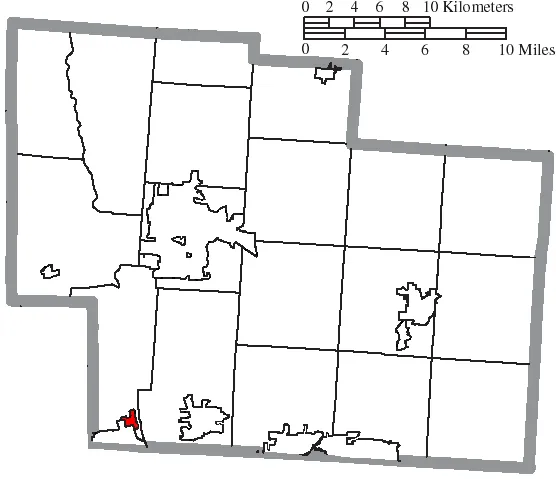 Map of the municipal and township boundaries of Delaware County, Ohio, United States, as of the 2000 census, with the location of the village of Shawnee Hills h