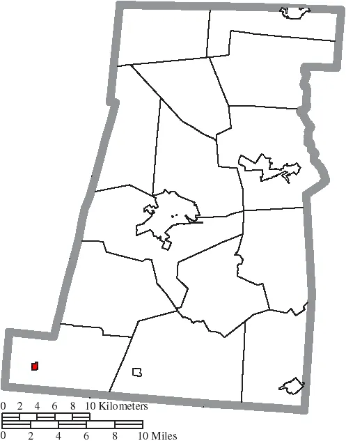 Map of the municipal and township boundaries of Madison County, Ohio, United States, as of the 2000 census, with the location of the village of South Solon high