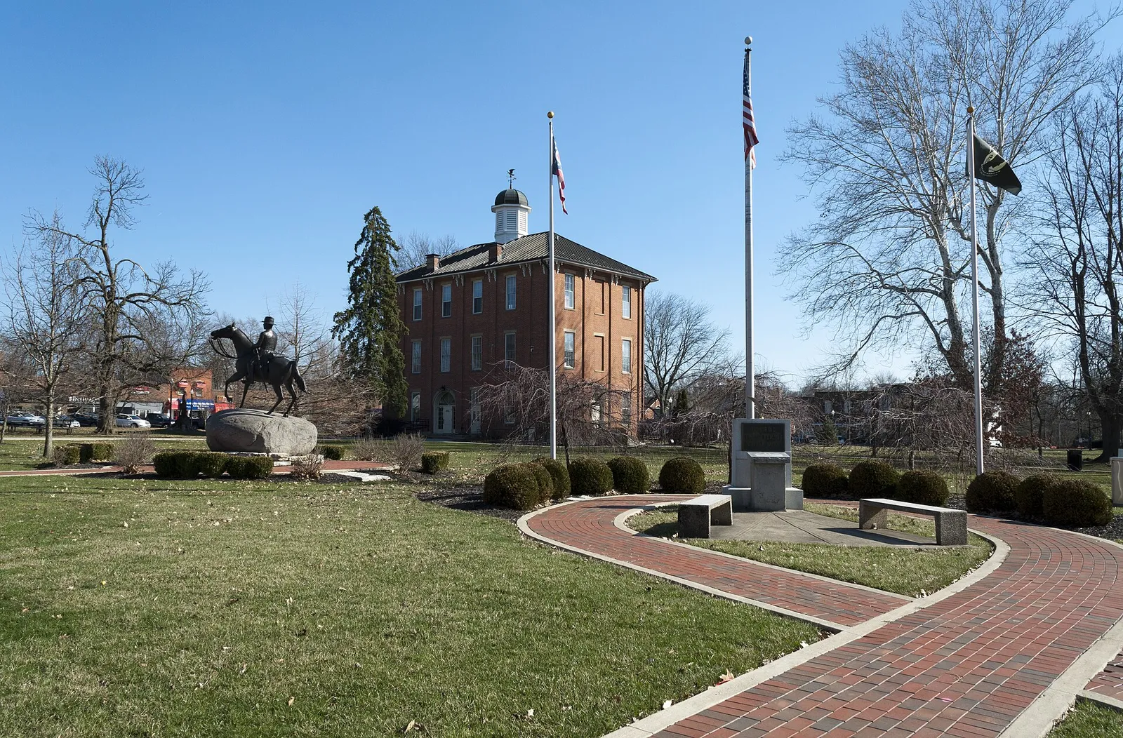 Old Sunbury Town Hall built in 1868 is listed on the National Register of Historic Places. Photographed in March 2018 from the northwest.