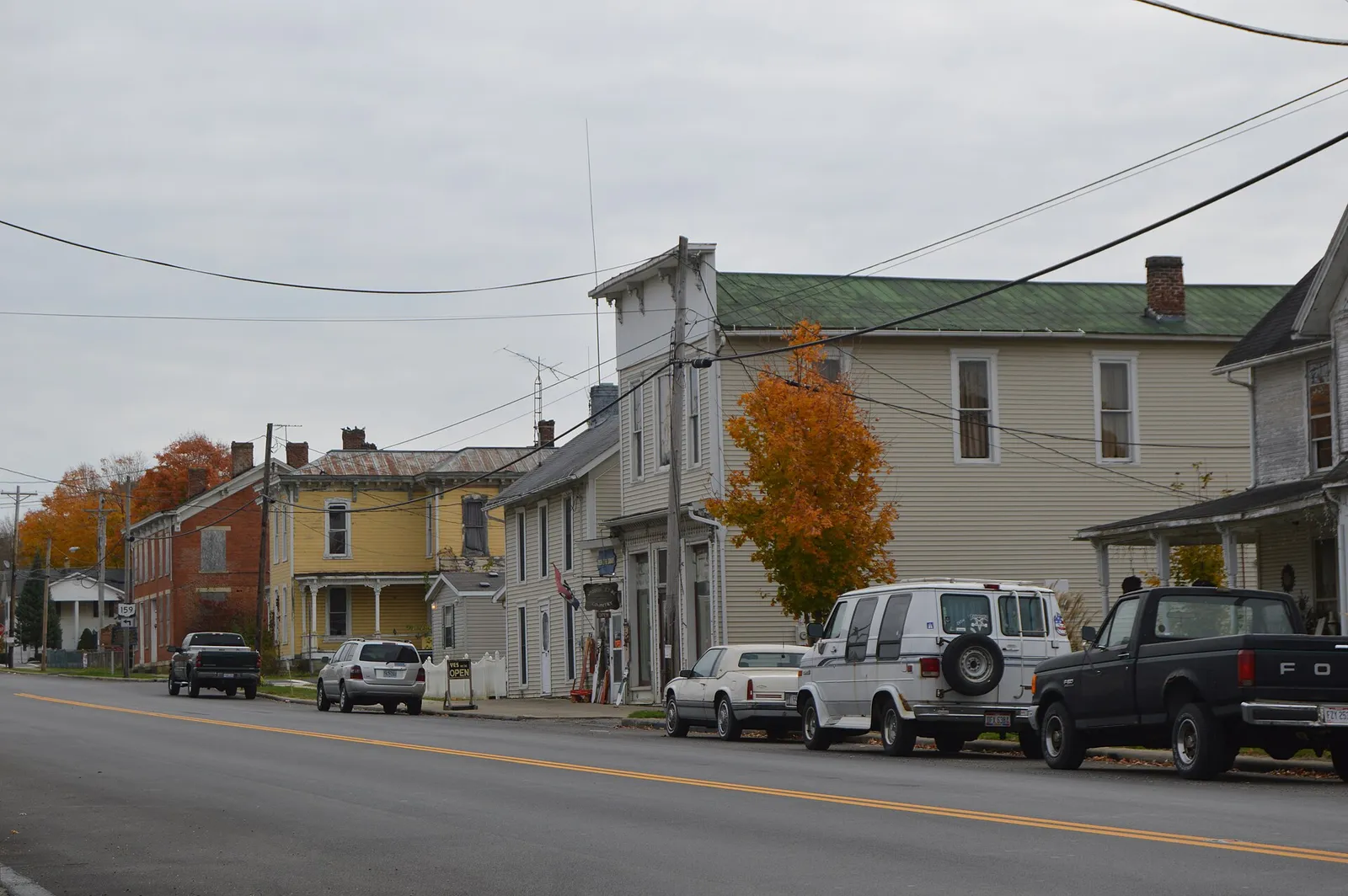 Buildings on the southern side of Main Street (State Route 159) at the German Street junction in Tarlton, Ohio, United States.