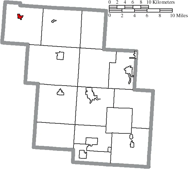 Map of the municipal and township boundaries of Perry County, Ohio, United States, as of the 2000 census, with the location of the village of Thornville highlig