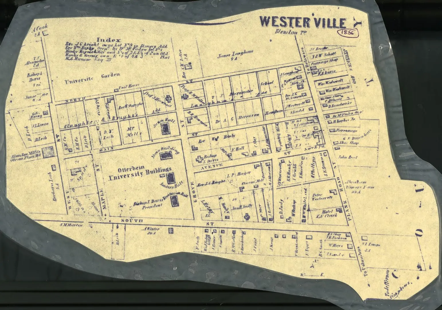 Property ownership plat map of the village of Westerville, located in Blendon Township, Franklin County, Ohio in 1856 taken from the Franklin County, Ohio, 1856
