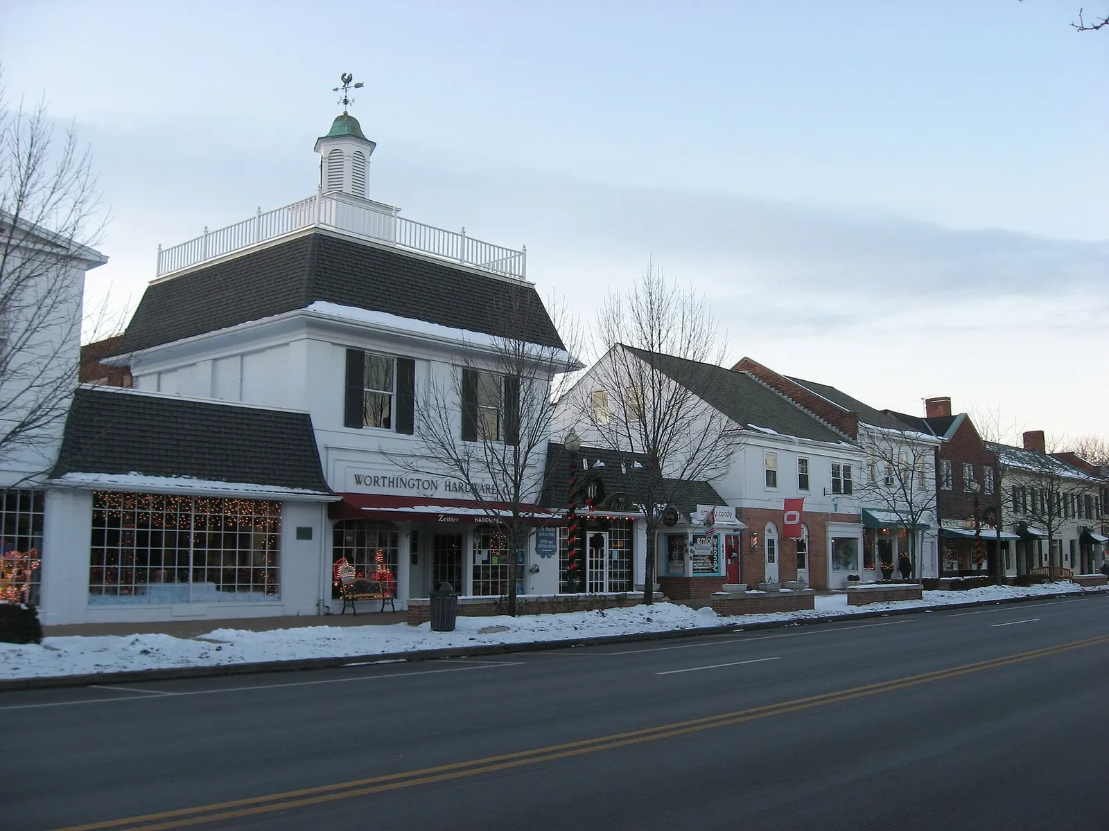 Buildings on the western side of the 600 block of High Street (U.S. Route 23) in downtown Worthington, Ohio, United States. These buildings are part of the Wor