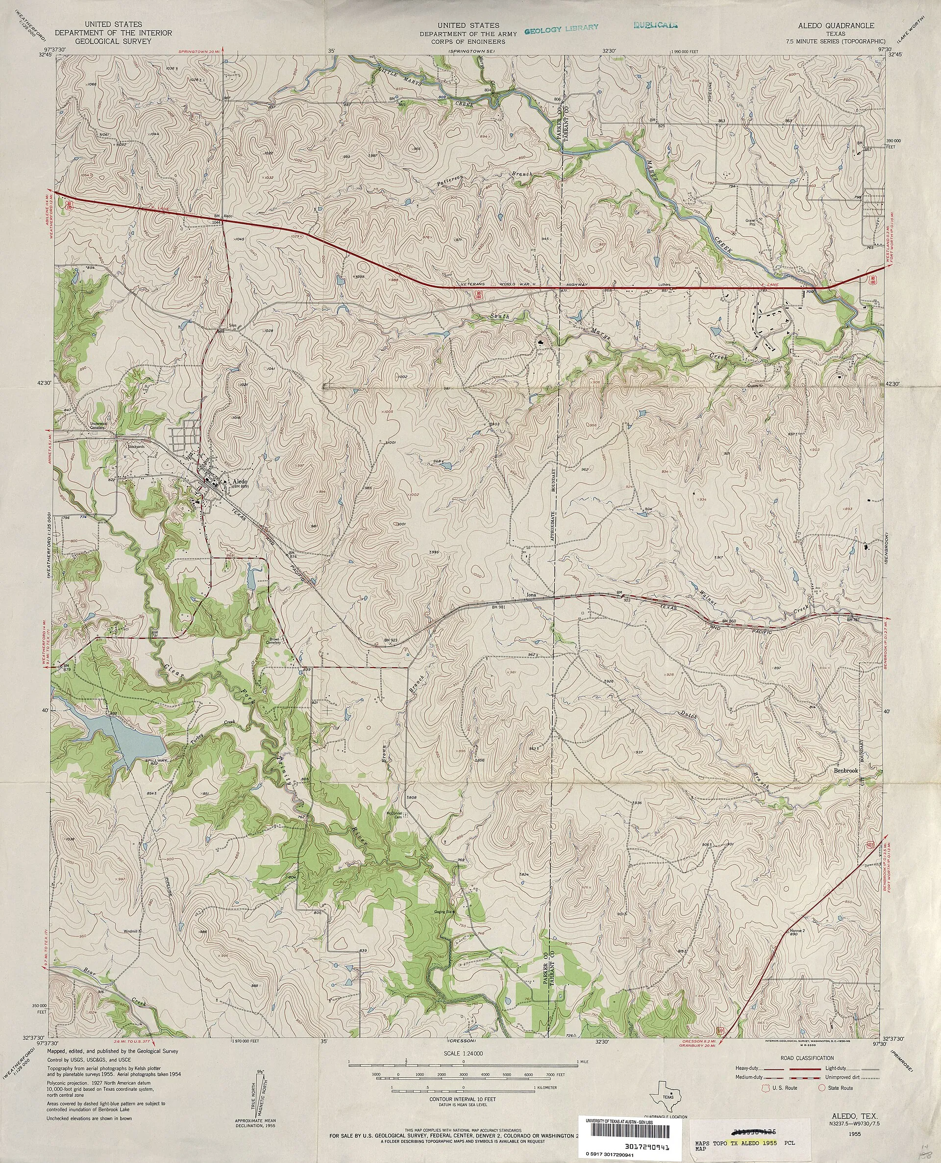 USGS 1:24,000 topographic map of Aledo, Texas (1955).