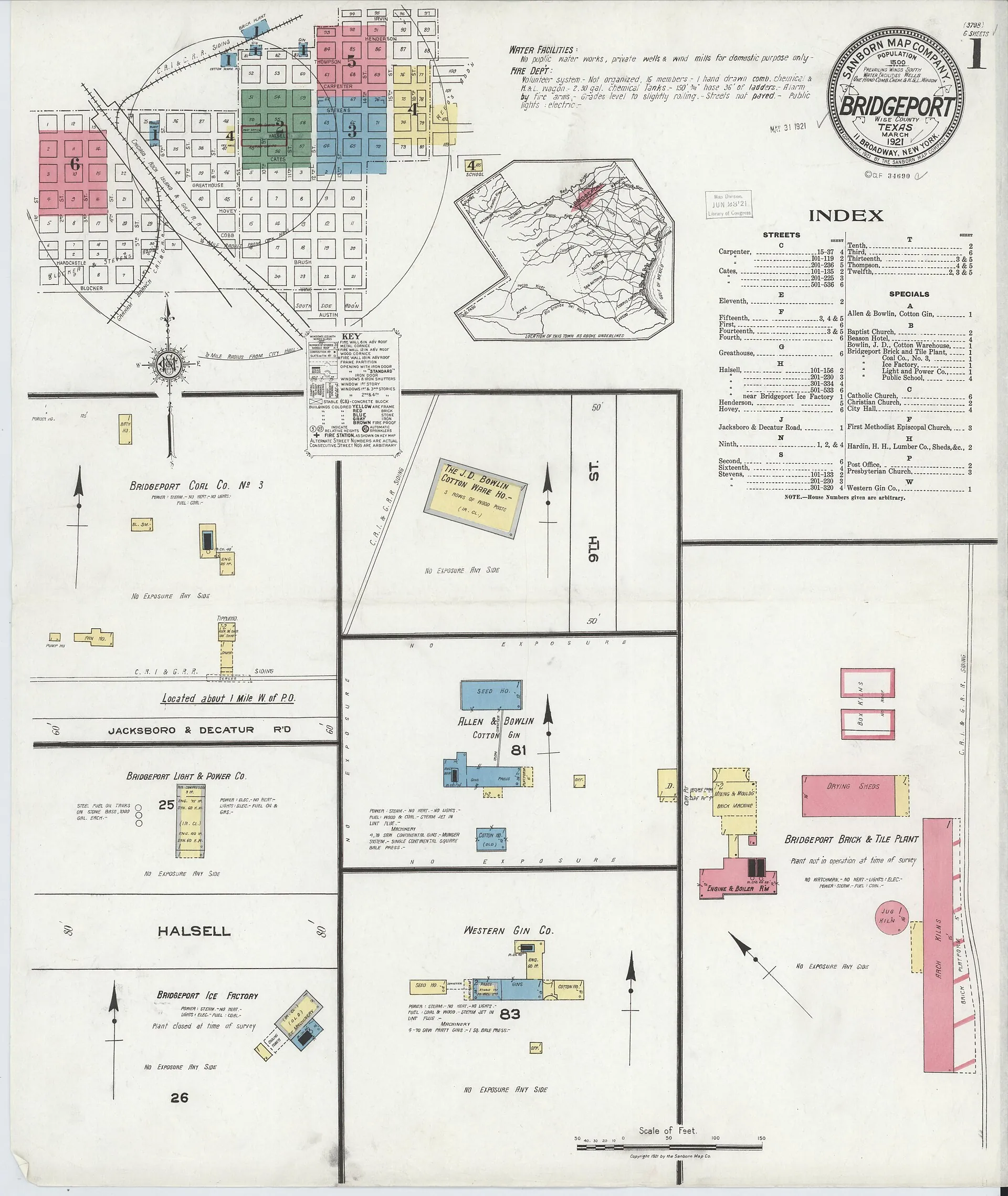 Sanborn fire insurance map of Bridgeport, Wise County, Texas, 1921 (plate 0001).