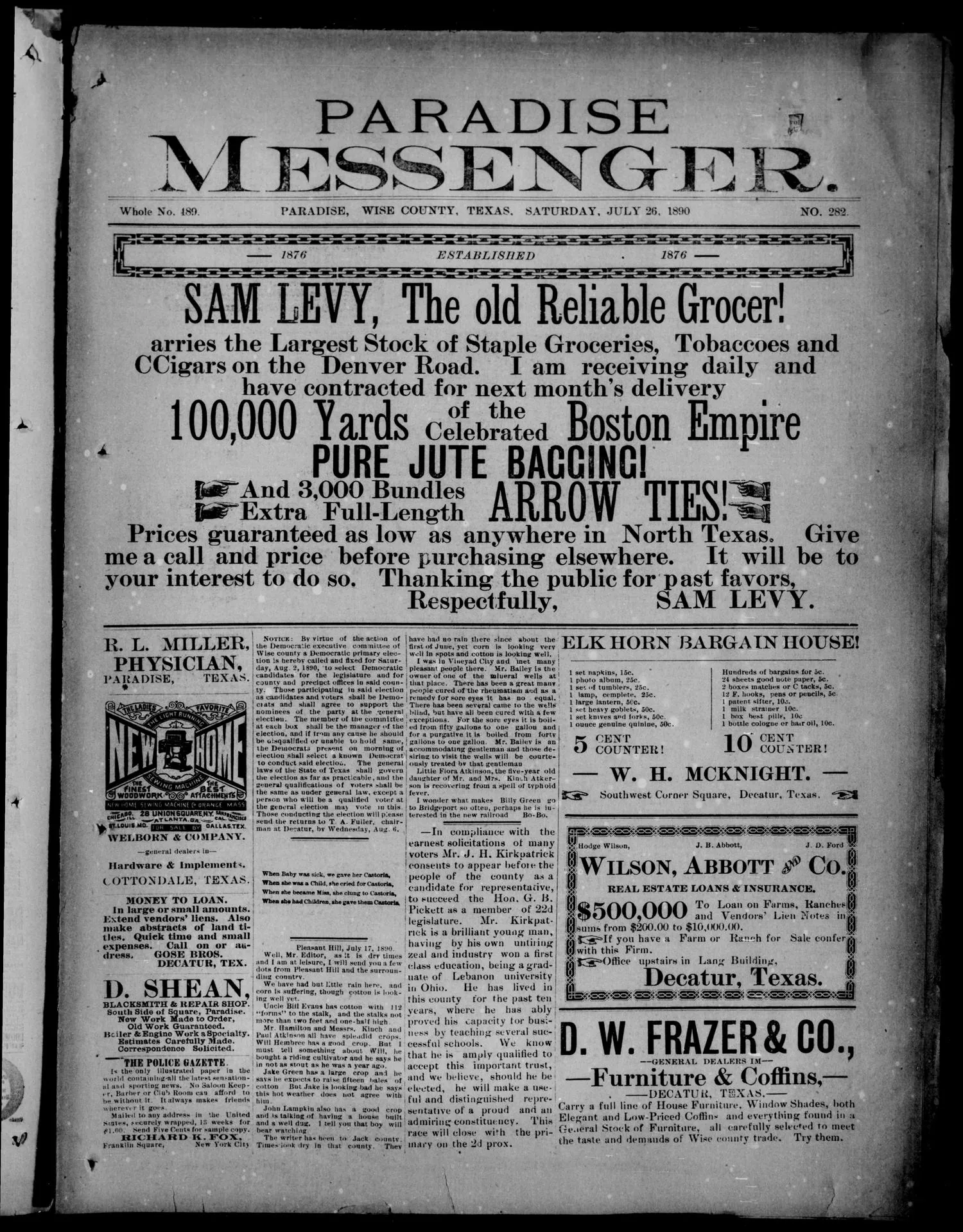 Front page of the Paradise Messenger weekly newspaper, Paradise, Texas, July 26, 1890.