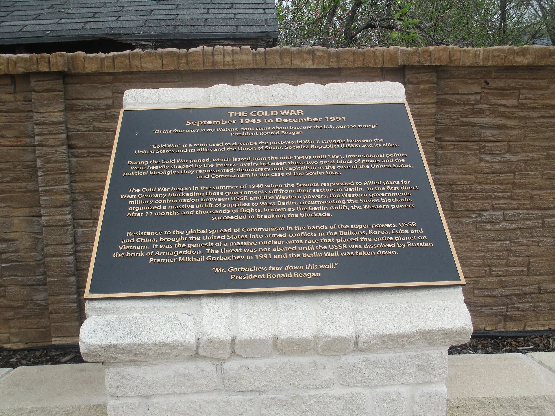 Cold War plaque at Veterans Memorial Park, Rhome, Texas.
