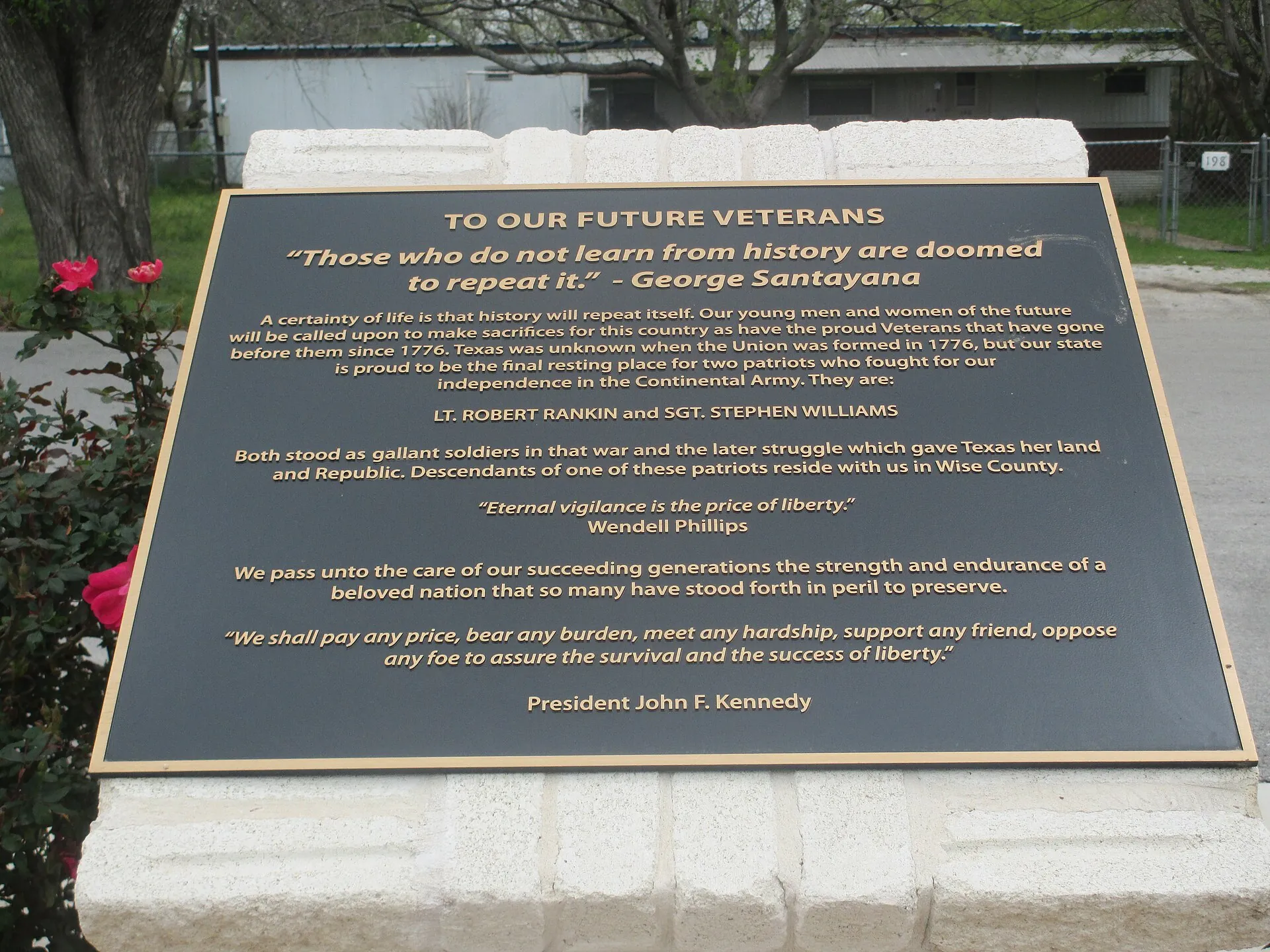 Military quotations plaque at Veterans Memorial Park, Rhome, Texas.