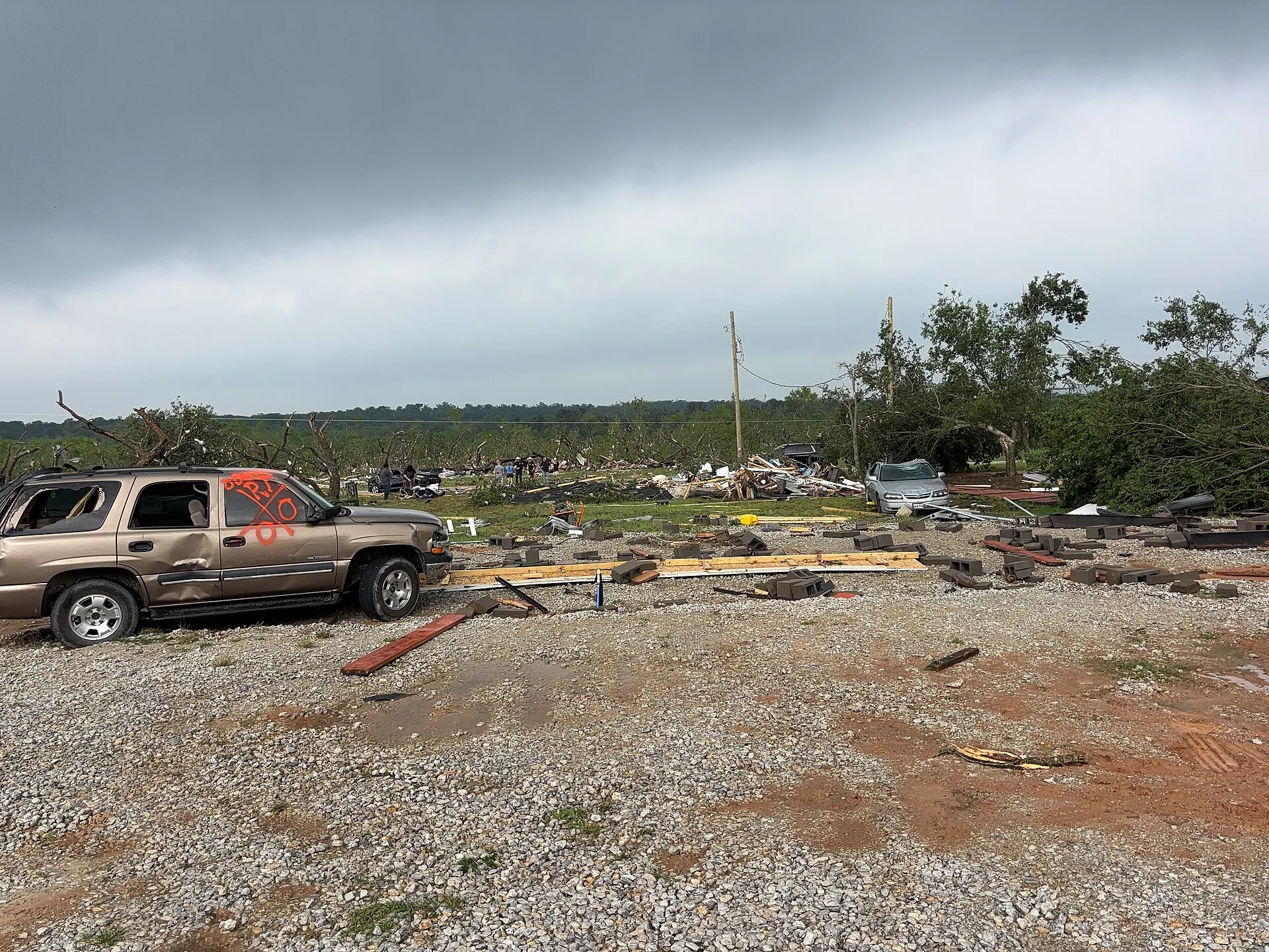 A double-wide mobile home destroyed by an EF2 tornado in Runaway Bay, Texas (2023).