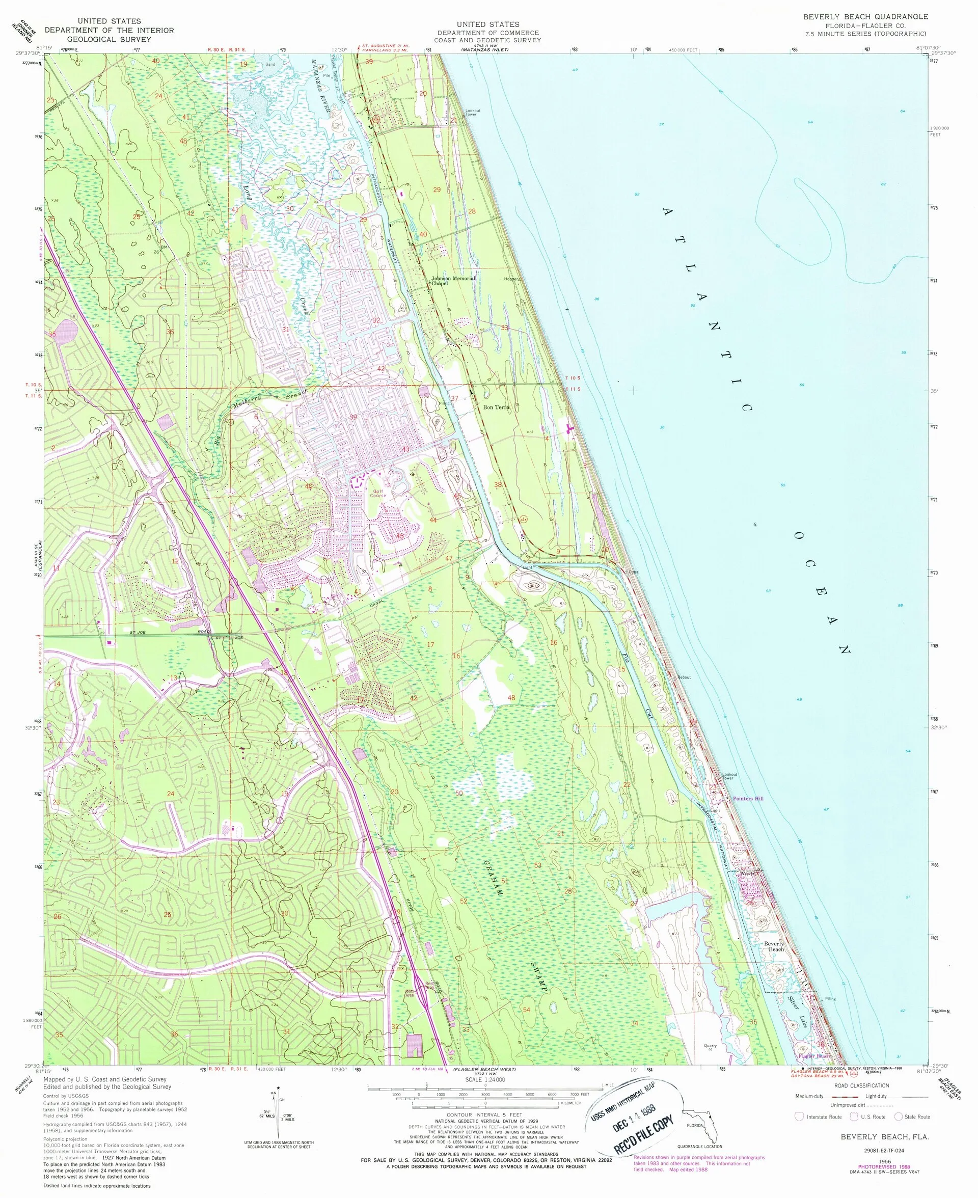 USGS 1956 1:24000 topographic map of the Beverly Beach, Florida quadrangle.