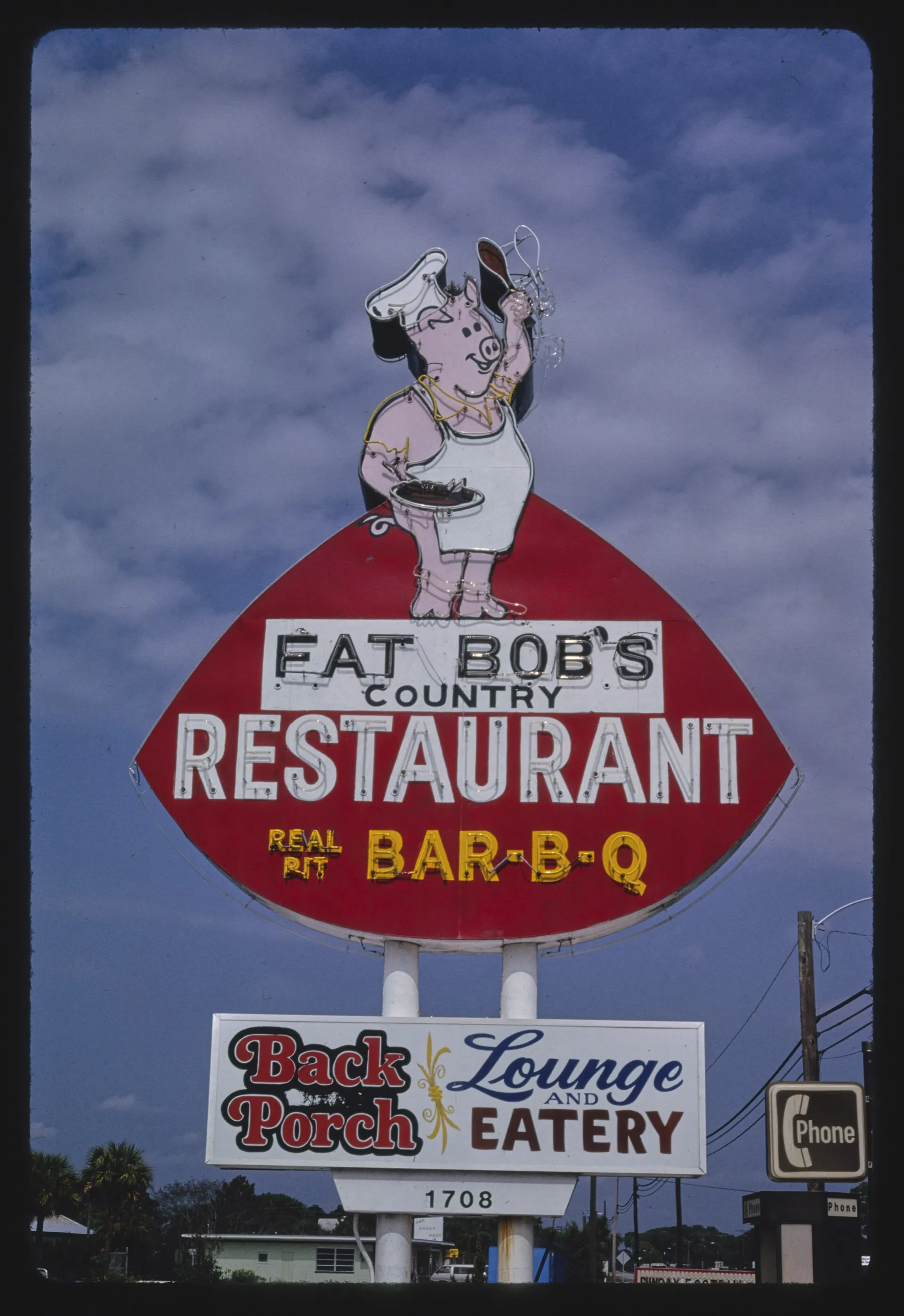 Fat Bob's Country Restaurant sign on Route 1, Edgewater — classic roadside Americana.