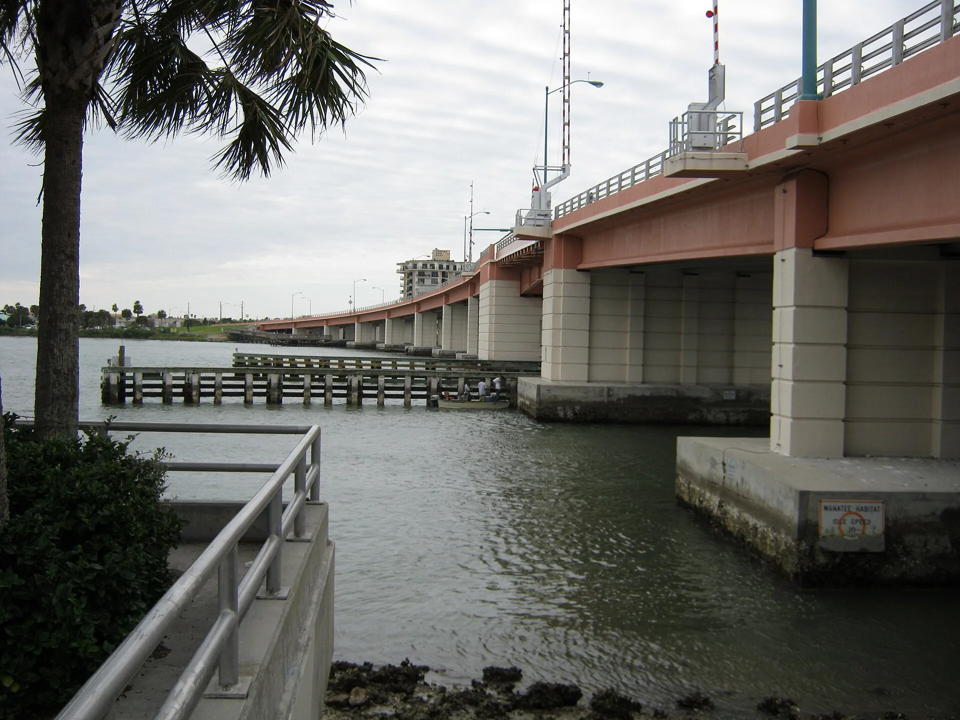 The North Causeway Bridge (Coronado Beach Bridge) over the Indian River, seen from the east riverbank.