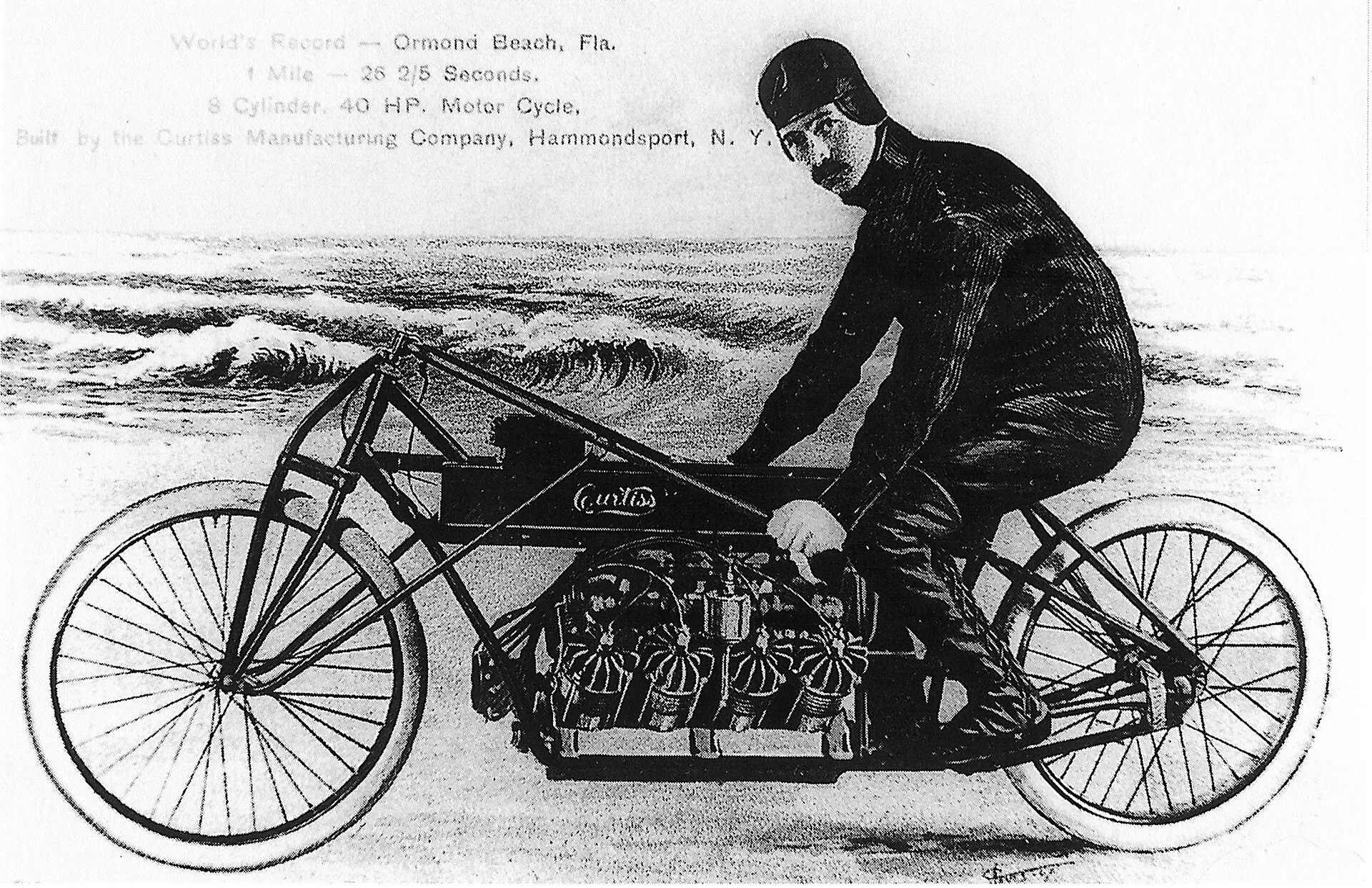 Glenn Curtiss on his V-8 motorcycle, Ormond Beach, Florida, in January 1907