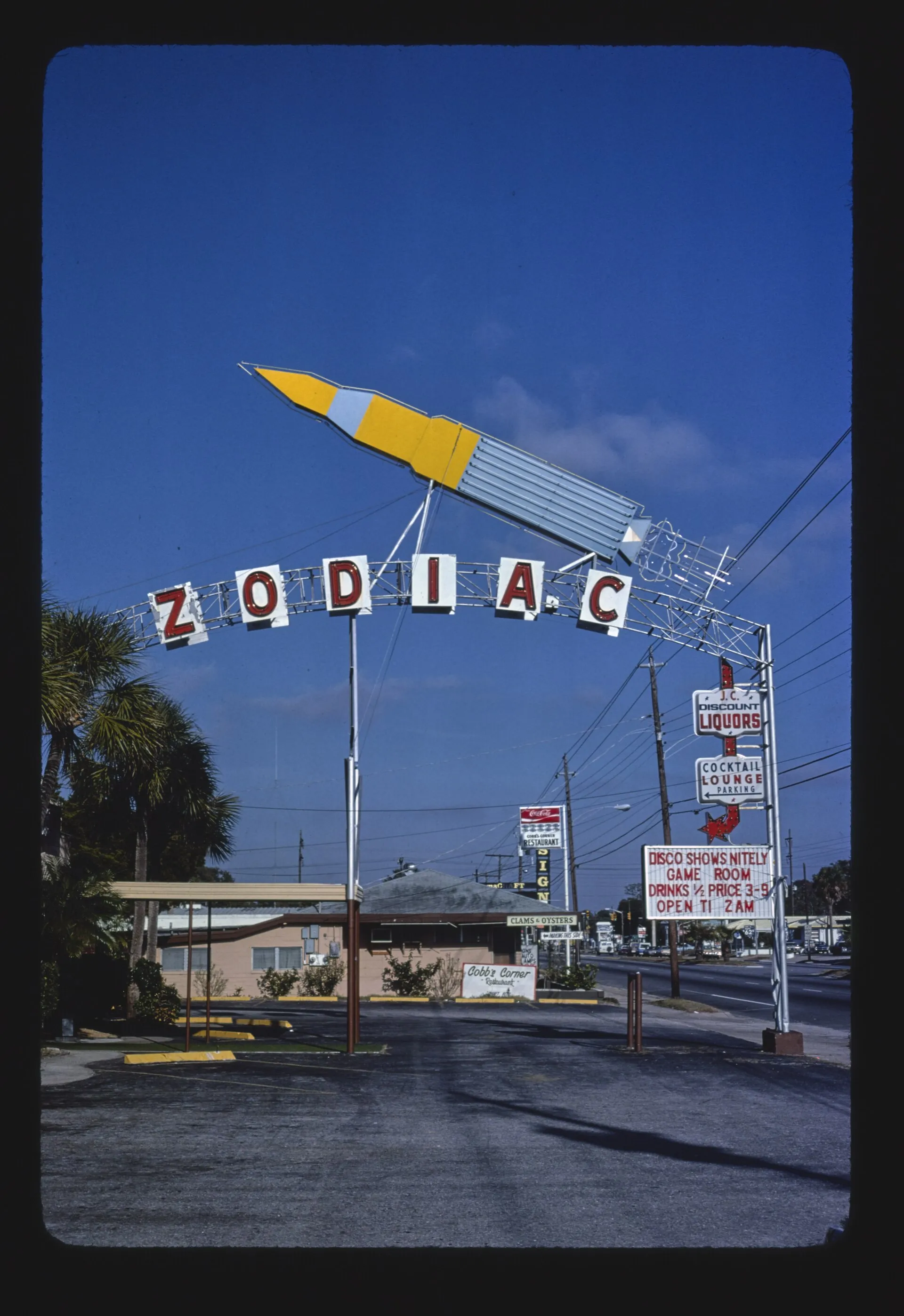 Title: Zodiac Cocktail Lounge, South Daytona Beach, Florida Physical description: 1 photograph : color transparency ; 35 mm (slide format). Notes: Forms part of: John Margolies Roadside America photograph archive (1972-2008).; Margolies category: Food.; General information about the John Margolies