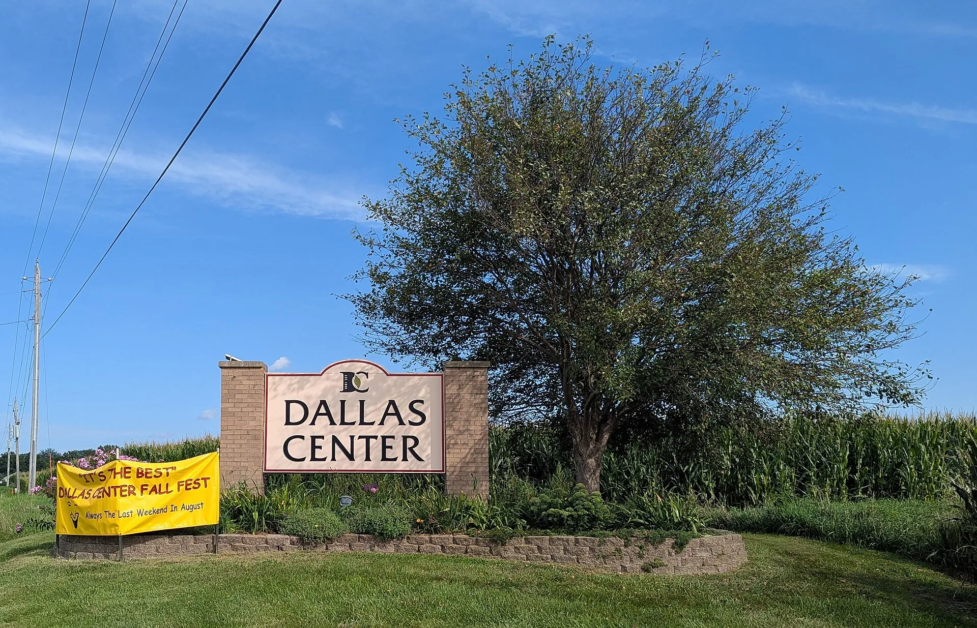 The welcome sign at the edge of Dallas Center, Iowa