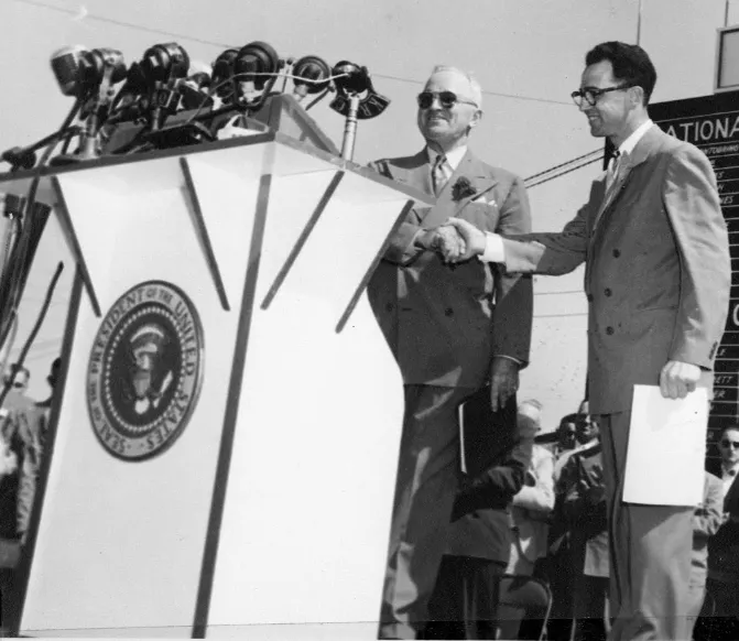 President Harry S. Truman and Herb Plambeck at the National Plowing Match in Dexter, Iowa.