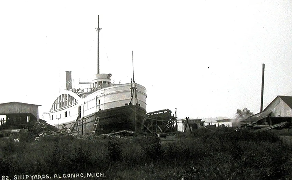 St Clair River Shipyards, Algonac, Michigan. RPPC.