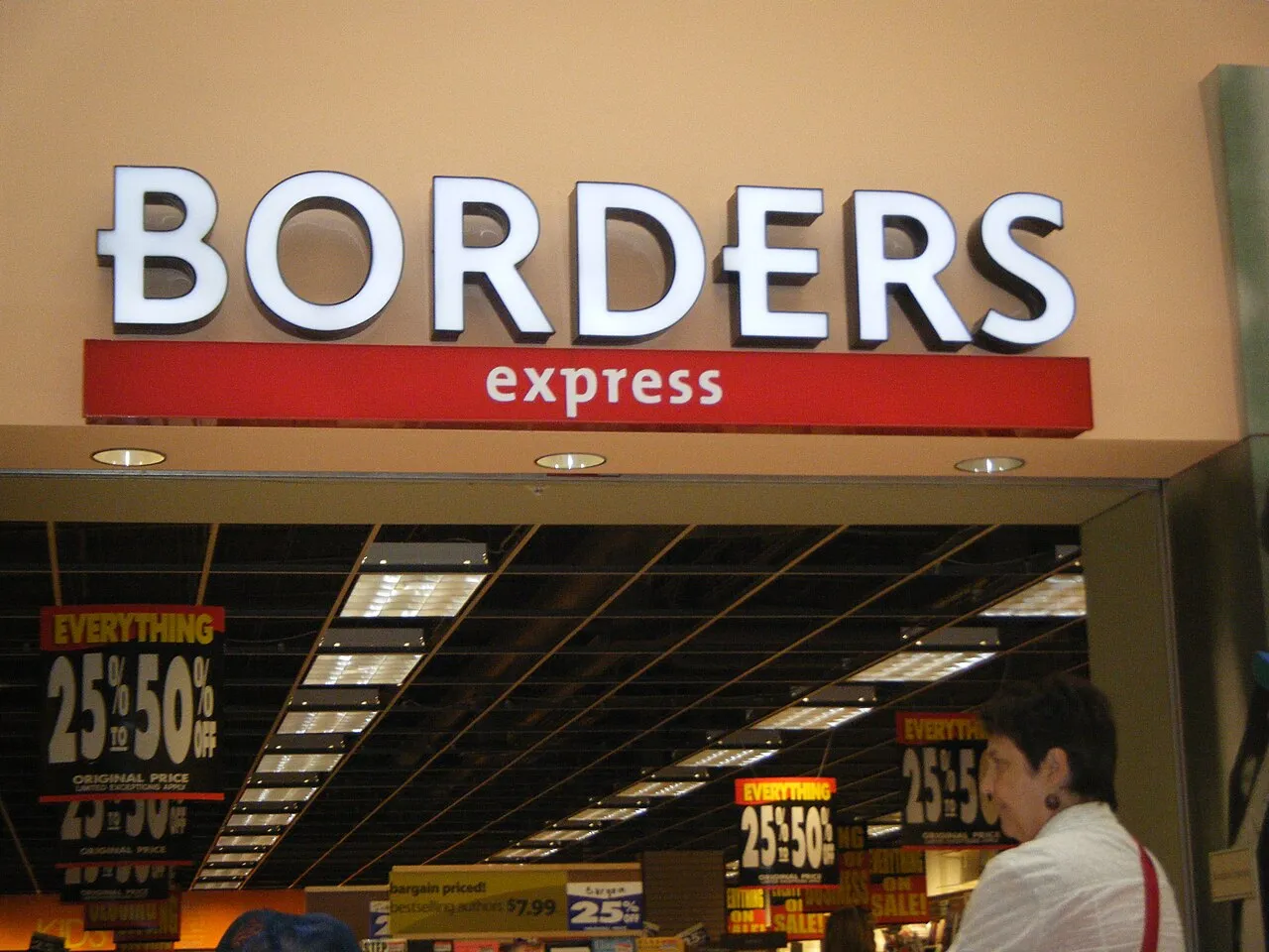 Exterior of the Borders Express bookstore at Great Lakes Crossing Outlets, Auburn Hills, Michigan, during its going-out-of-business liquidation sale in 2011.