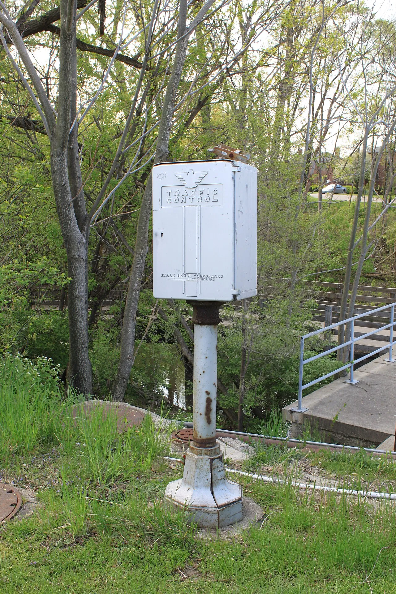 Traffic signal control box in Ford Field Park at Telegraph Road and Michigan Avenue, Dearborn, Michigan. The box was manufactured by the Eagle Signal Corporation of Davenport, Iowa.