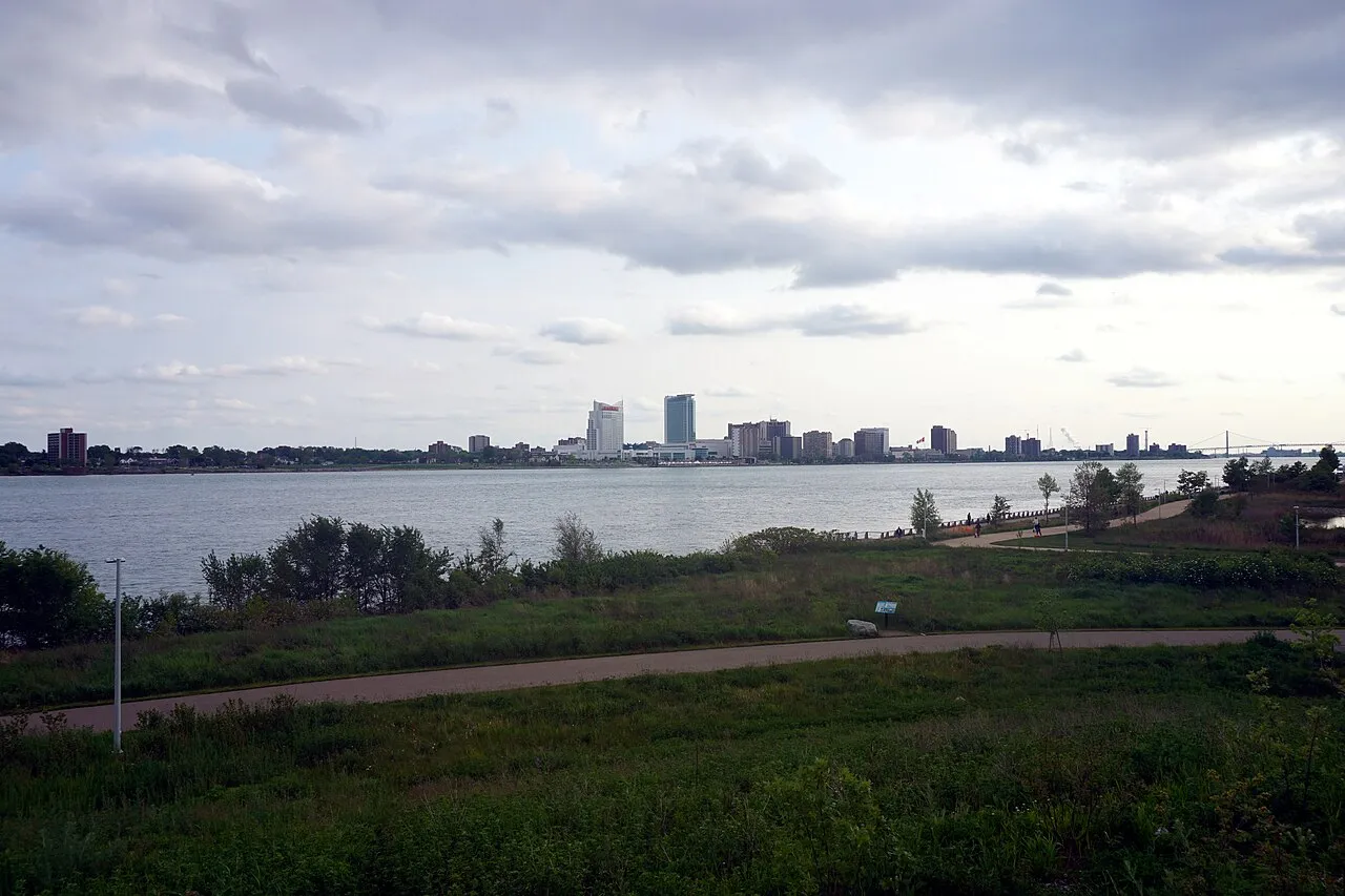 The Detroit River and the William G. Milliken State Park and Harbor in Detroit, Michigan (United States).