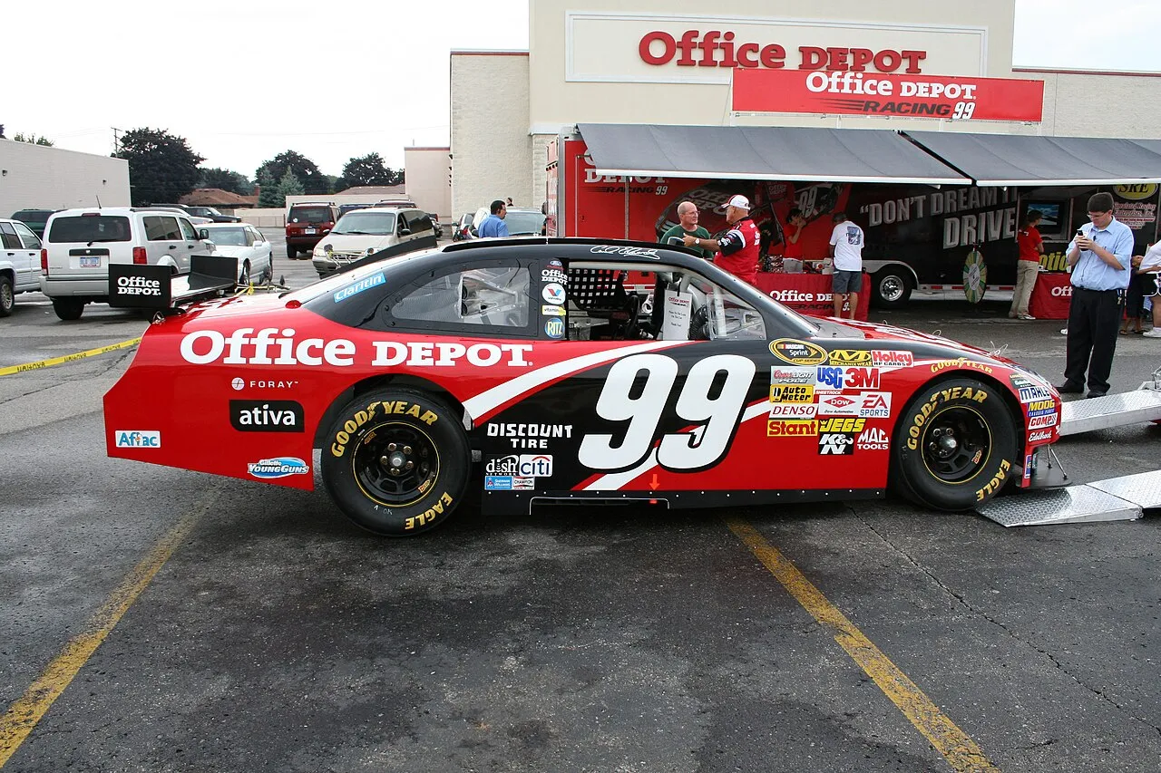 A showcar of Carl Edwards' number 99 Office Depot Ford sits outside an Office Depot store in Eastpointe, Michigan.