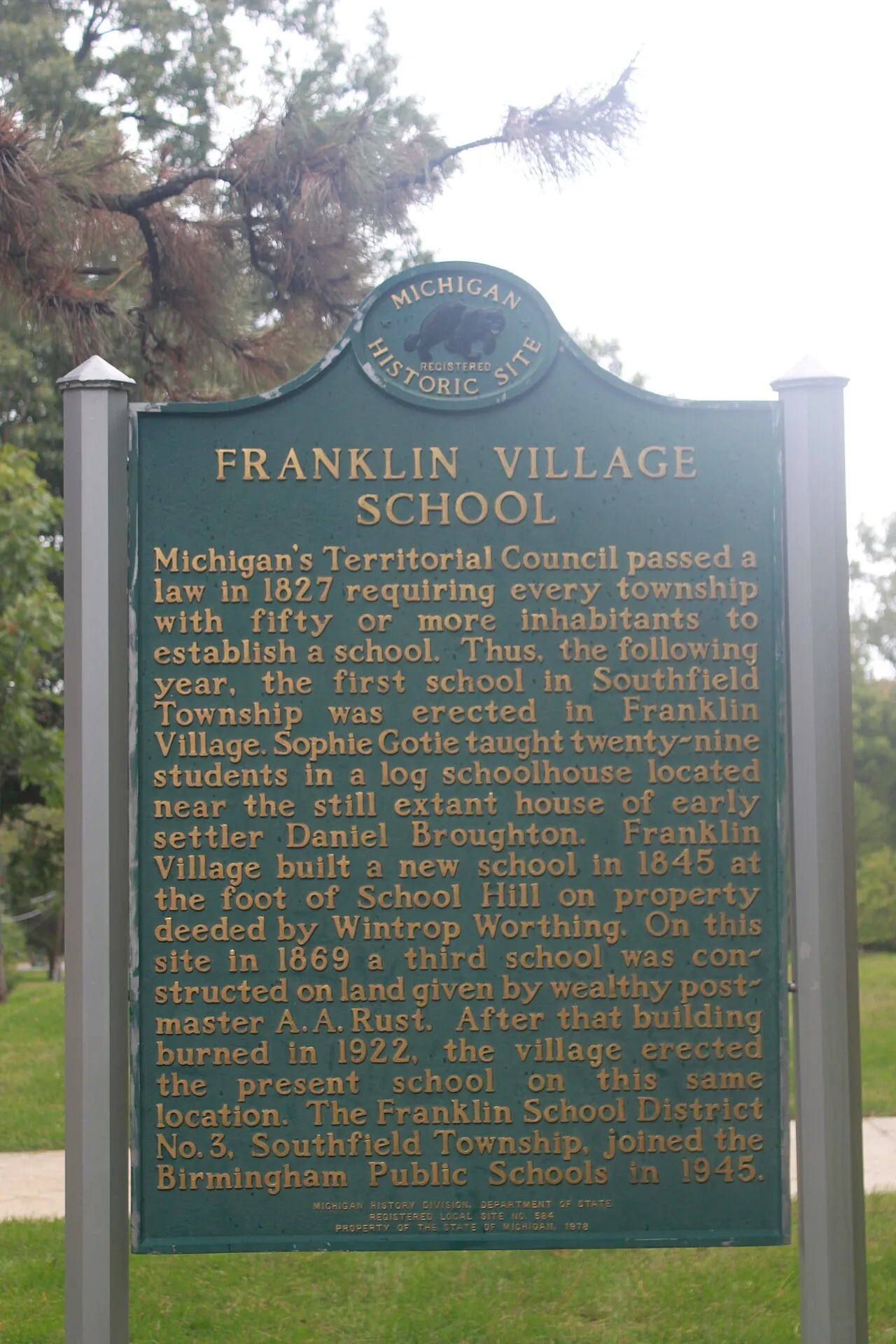 Franklin Village School Historical Marker, Franklin, Michigan