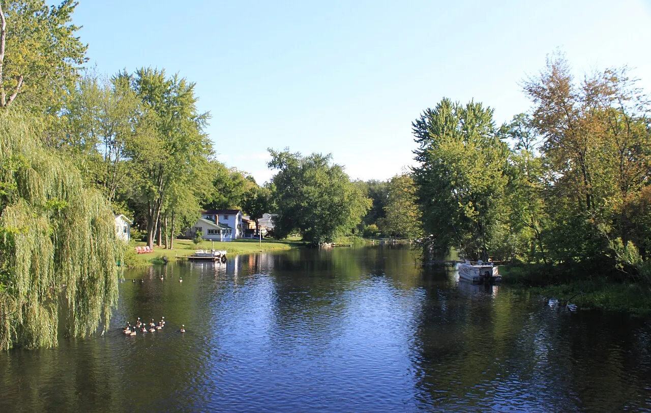 Huron River viewed from bridge on Hamburg Road, Hamburg Township, Michigan. Camera location42° 27′ 54.49″ N, 83° 48′ 00.54″ W View this and other nearby images on: OpenStreetMap 42.465136; -83.800150