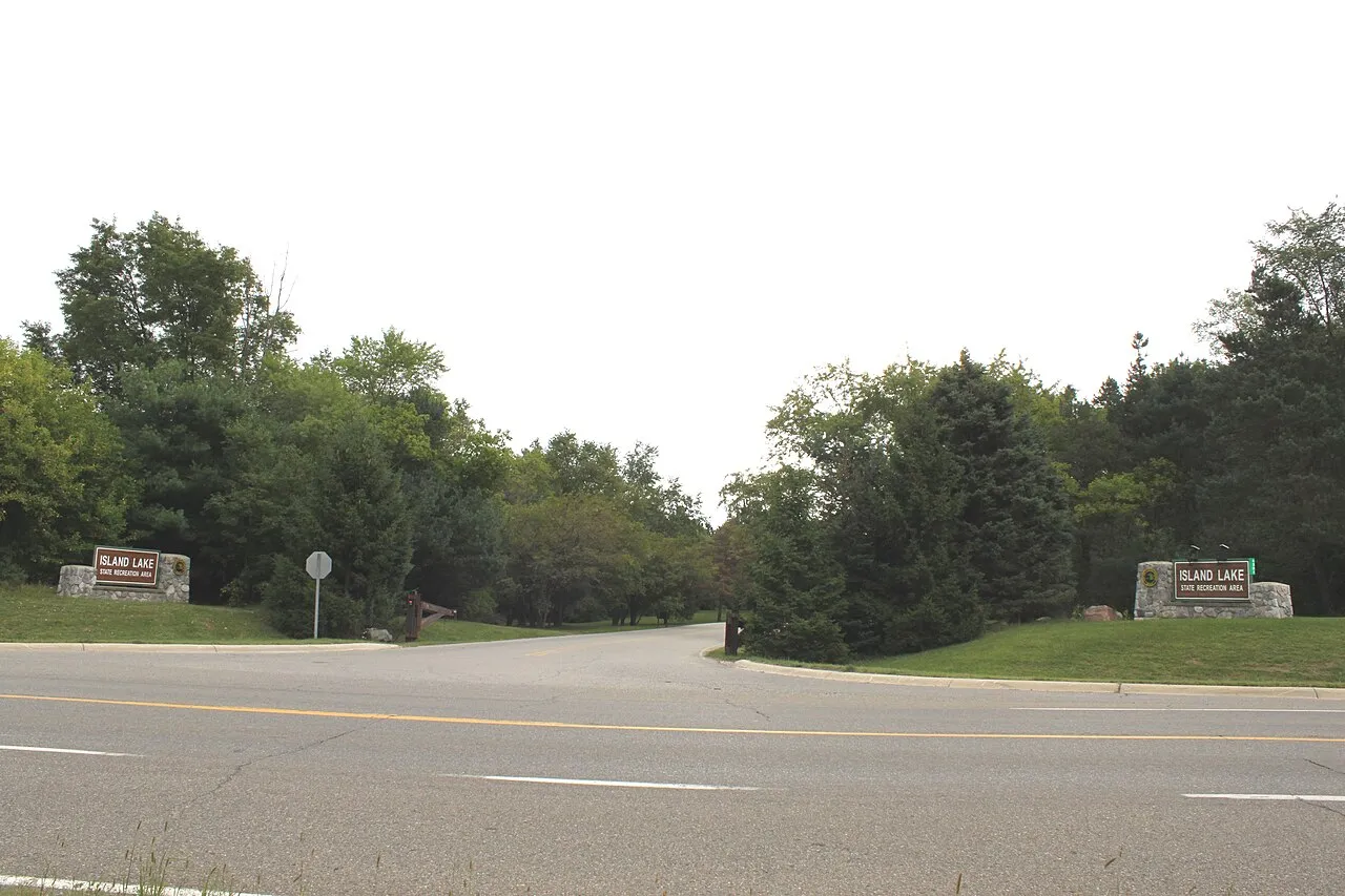 Entrance to Kensington State Recreation Area, Kensington Road at State Parkway, Green Oak Township, Michigan