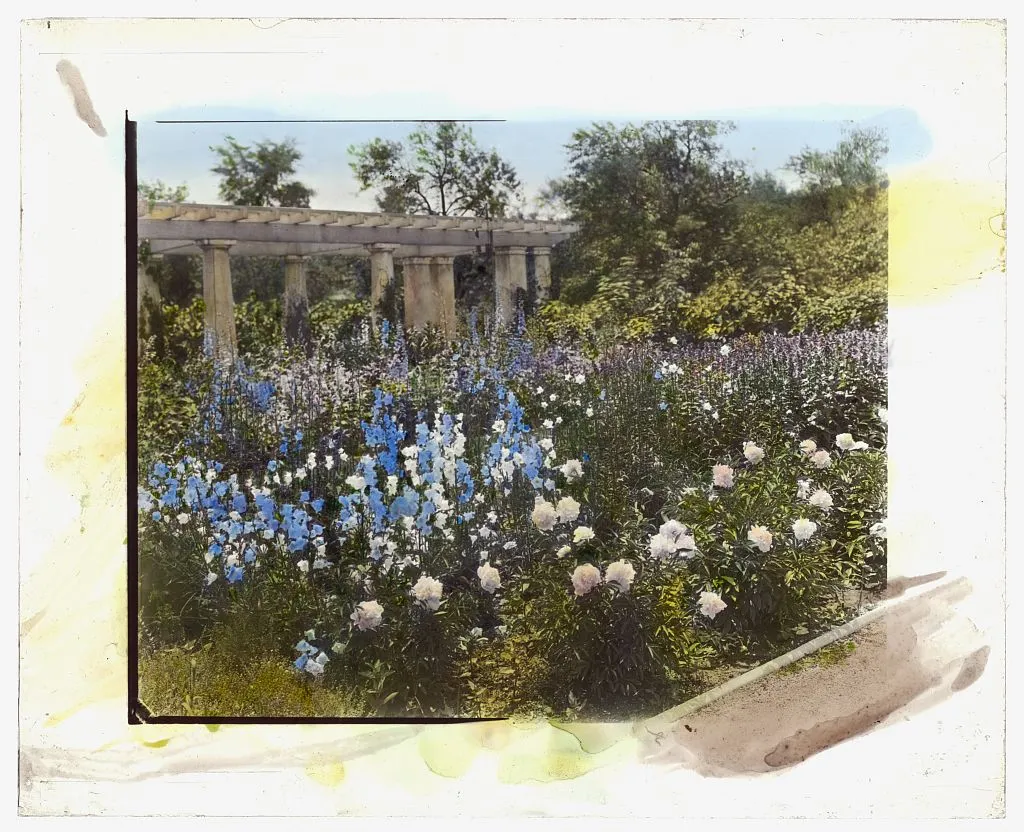 Title: "Lake Terrace," John Stoughton Newberry Jr. house, 99 Lake Shore Drive, Grosse Pointe Farms, Michigan. Pergola Abstract/medium: 1 photograph : glass lantern slide, hand-colored ; 3.25 x 4 in.