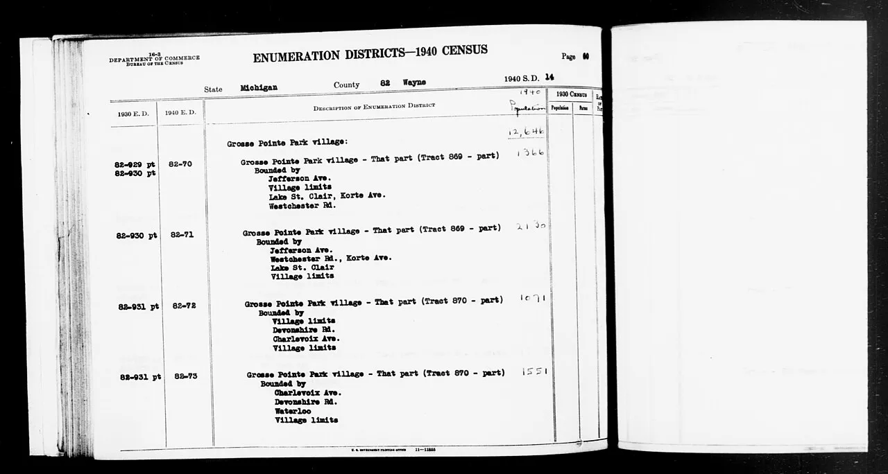 Scope and content:  This item lists Enumeration Districts for: MI ED 82-70A: [from 82-70]: GROSSE POINTE TOWNSHIP, GROSSE POINTE PARK VILLAGE (TRACT 869 - PART) BOUNDED BY (N) JEFFERSON AV; (E) VILLAGE LIMITS; (S) LAKE S
