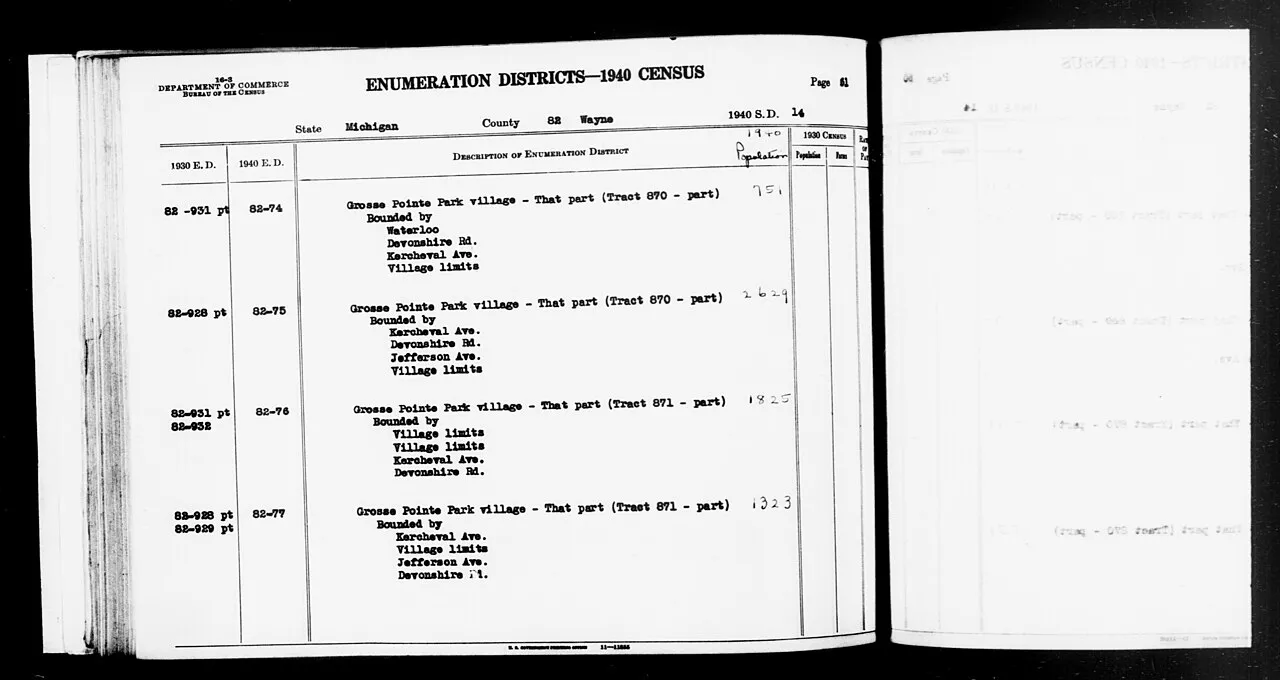 Scope and content: This item lists Enumeration Districts for: MI ED 82-74: GROSSE POINTE TOWNSHIP, GROSSE POINTE PARK VILLAGE (TRACT 870 - PART) BOUNDED BY (N) WATERLOO; (E) DEVONSHIRE RD; (S) KERCHEVAL AV; (W) VILLAGE