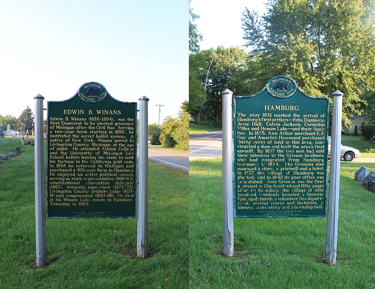 Gov. Edwin B. Winans & Hamburg Village historical marker, Hamburg Cemetery, northeast corner of intersection of Hamburg Road and Strawberry Lake Road.