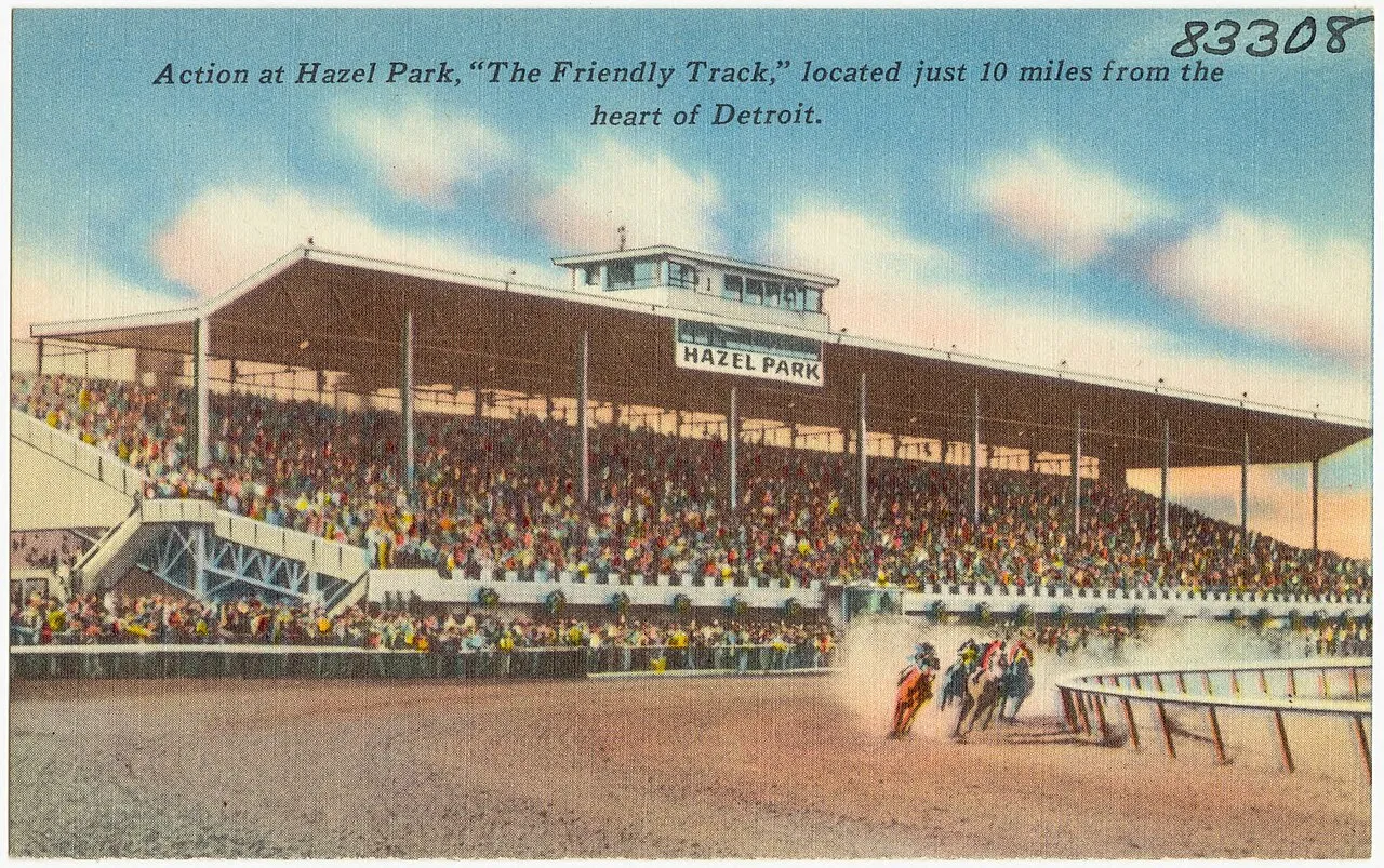 Title: Action at Hazel Park, "The Friendly Track," located just 10 miles from the heart of Detroit. Subjects: Sports & recreation facilities Places: Michigan > Wayne (county) > Detroit Notes: Title from item. E