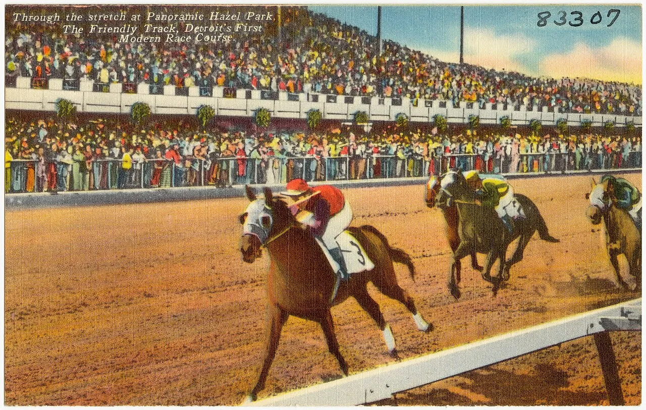 Title: Through the stretch at Panoramic Hazel Park, the Friendly Track, Detroit's first modern race course. Subjects: Sports & recreation facilities Places: Michigan > Wayne (county) > Detroit Notes: Title from