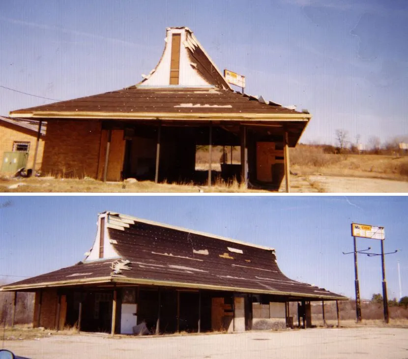 This (blatantly obvious) former Stuckey's was on the NW corner of the Grange Hall Rd. exit off I-75 outside Holly, Michigan. It was already in terrible disrepair when I snapped these photos sometime around 2004. I woul