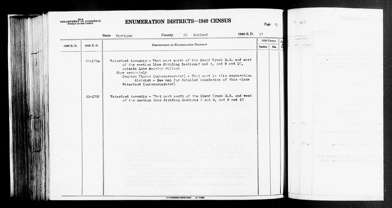 Scope and content: This item lists Enumeration Districts for: MI ED 63-179A: WATERFORD TOWNSHIP OUTSIDE LAKE ANGELUS VILLAGE N OF GRAND TRUNK WESTERN RAILROAD AND E OF SECTION LINE DIVIDING SECTIONS 3 AND 4 AND 9 AND 10