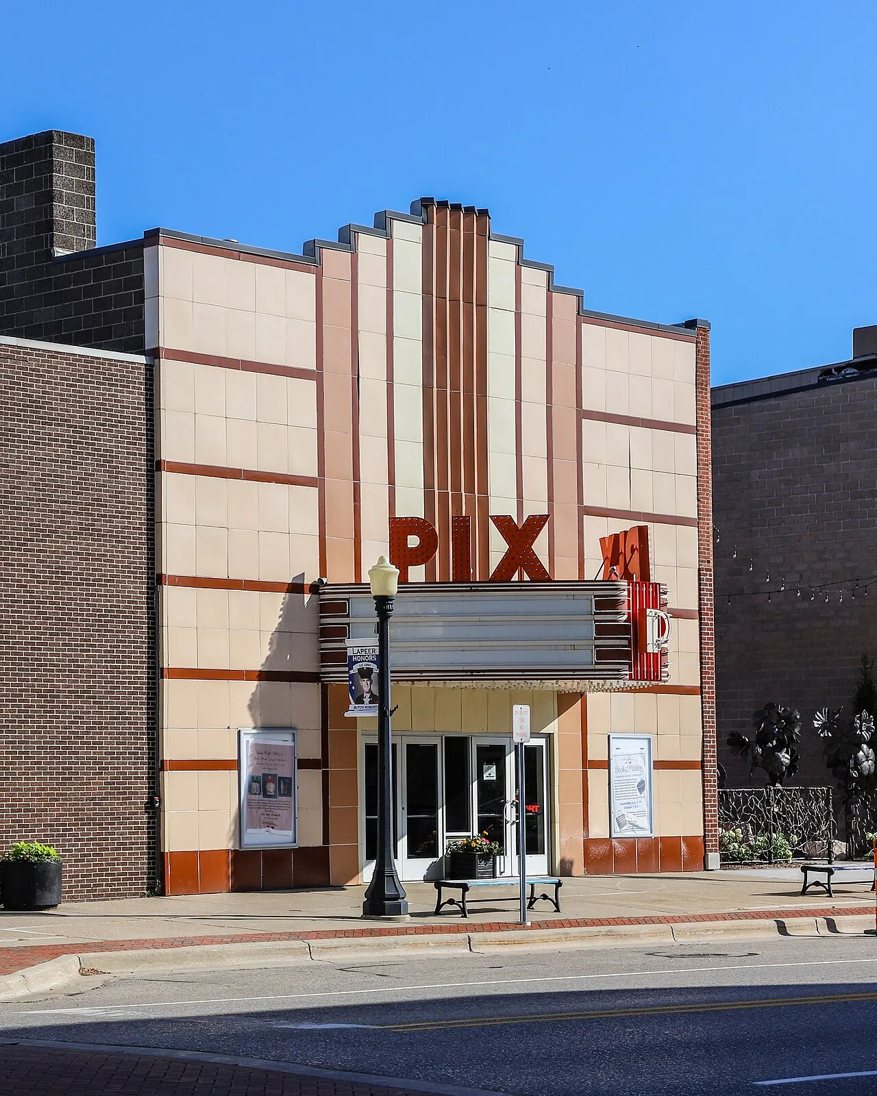 The PIX Theatre, Lapeer, Michigan. Built in 1941 by George Smith in the Streamline Moderne style on the Wattles Bank property. Seating capacity: 512.