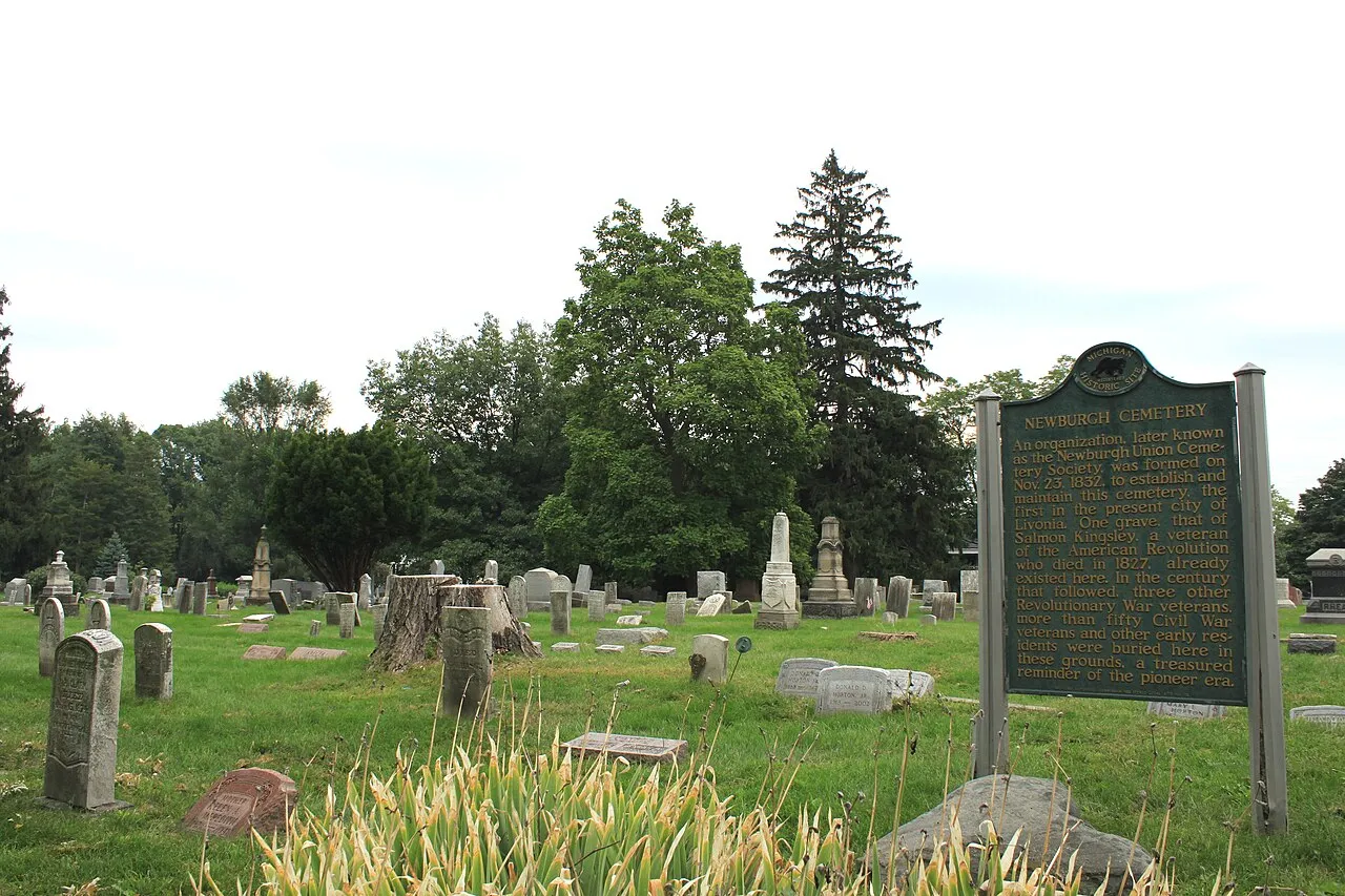Newburgh Cemetery historic site, 36000 Ann Arbor Trail, Livonia, Michigan. The site is a Registered Michigan Historic Site.