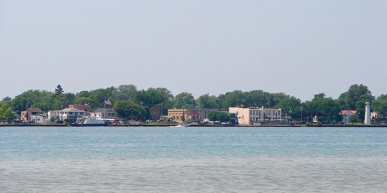 Skyline of Marine City as seen across the St. Clair River, St. Clair County, Michigan, USA