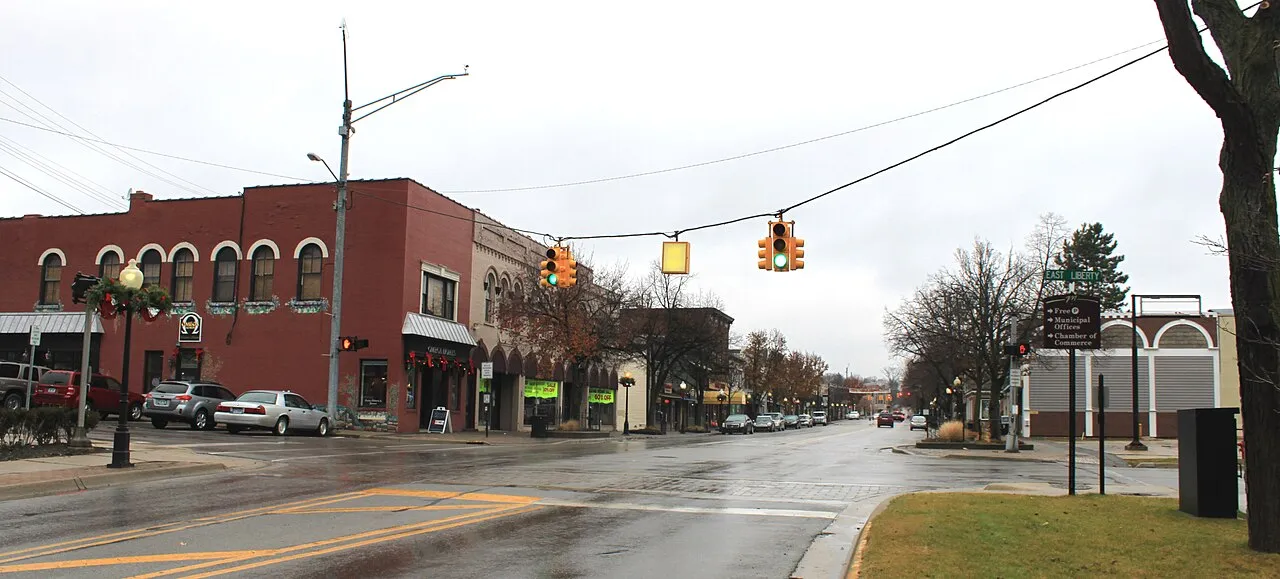 Village of Milford Michigan central business district, Main Street at Liberty Street, facing north.