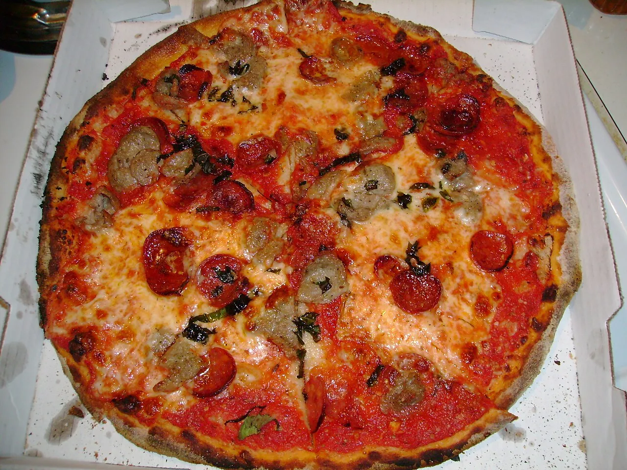 Tomatoes Apizza - Pepperoni/Sausage/Basil, New Haven-style Pizza, Farmington Hills, Michigan, USA - Before they used a brick oven but one location over the past year has become one of only 15 coal oven pizzerias in the