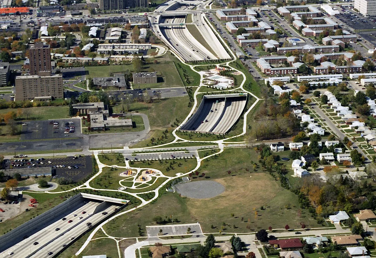 Pedestrian plazas over Interstate 696 in Oak Park, Michigan