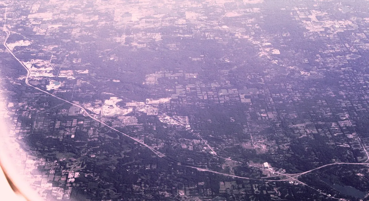 Aerial view from the south towards north, over Oakland County, Michigan.