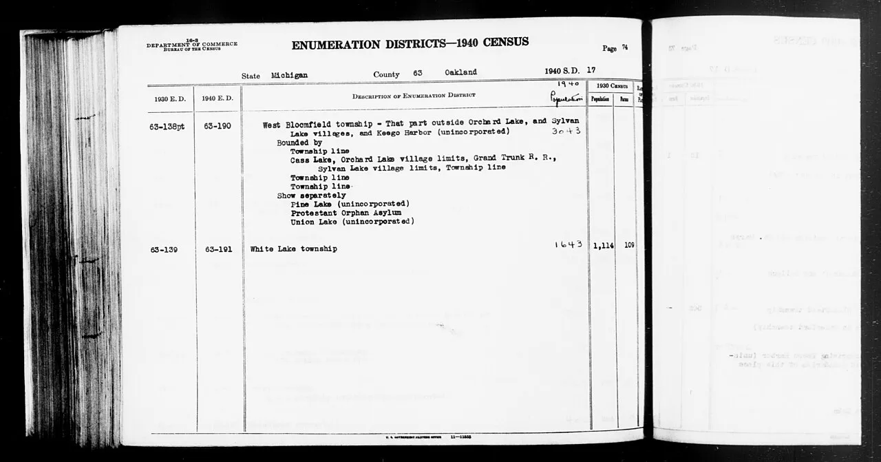Scope and content:  This item lists Enumeration Districts for: MI ED 63-190A: [from 63-190]: WEST BLOOMFIELD TOWNSHIP OUTSIDE ORCHARD LAKE AND SYLVAN LAKE VILLAGES AND KEEGO HARBOR BOUNDED BY (N) TOWNSHIP LINE; (E) CASS