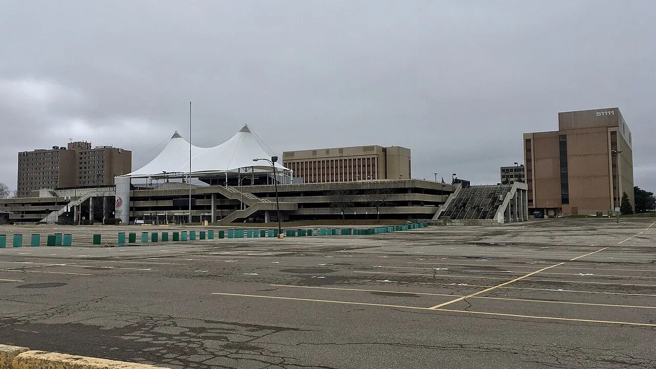 As seen in December 2020: the Phoenix Center, the centerpiece of Pontiac, Michigan's downtown district, a monument to the city's urban renewal era, and - in the words of the Oakland Press - "a massive concrete metaphor f