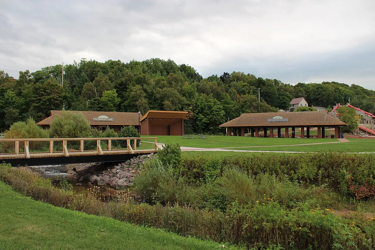 Ray Kestner Waterfront Park in Houghton, Michigan, with Huron Creek in the foreground.