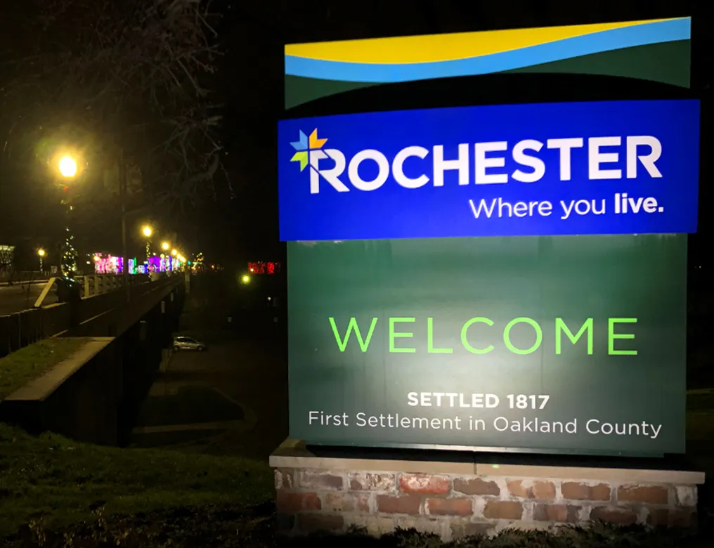 Rochester, Michigan's welcome sign seen driving northbound on Rochester road while entering the city from neighboring Rochester Hills (2020)