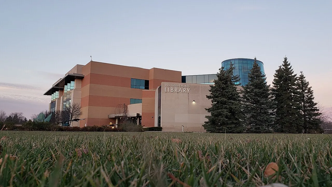 The Southfield Public Library in Southfield, Michigan, seen from the southeast.