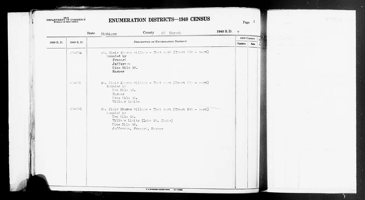 Scope and content: This item lists Enumeration Districts for: MI ED 50-28A: LAKE TOWNSHIP, ST. CLAIR SHORES VILLAGE (TRACT 880 - PART) BOUNDED BY (N) FRESARD; (E) JEFFERSON; (S) NINE MILE RD; (W) HARPER. MI ED 50-28B: L